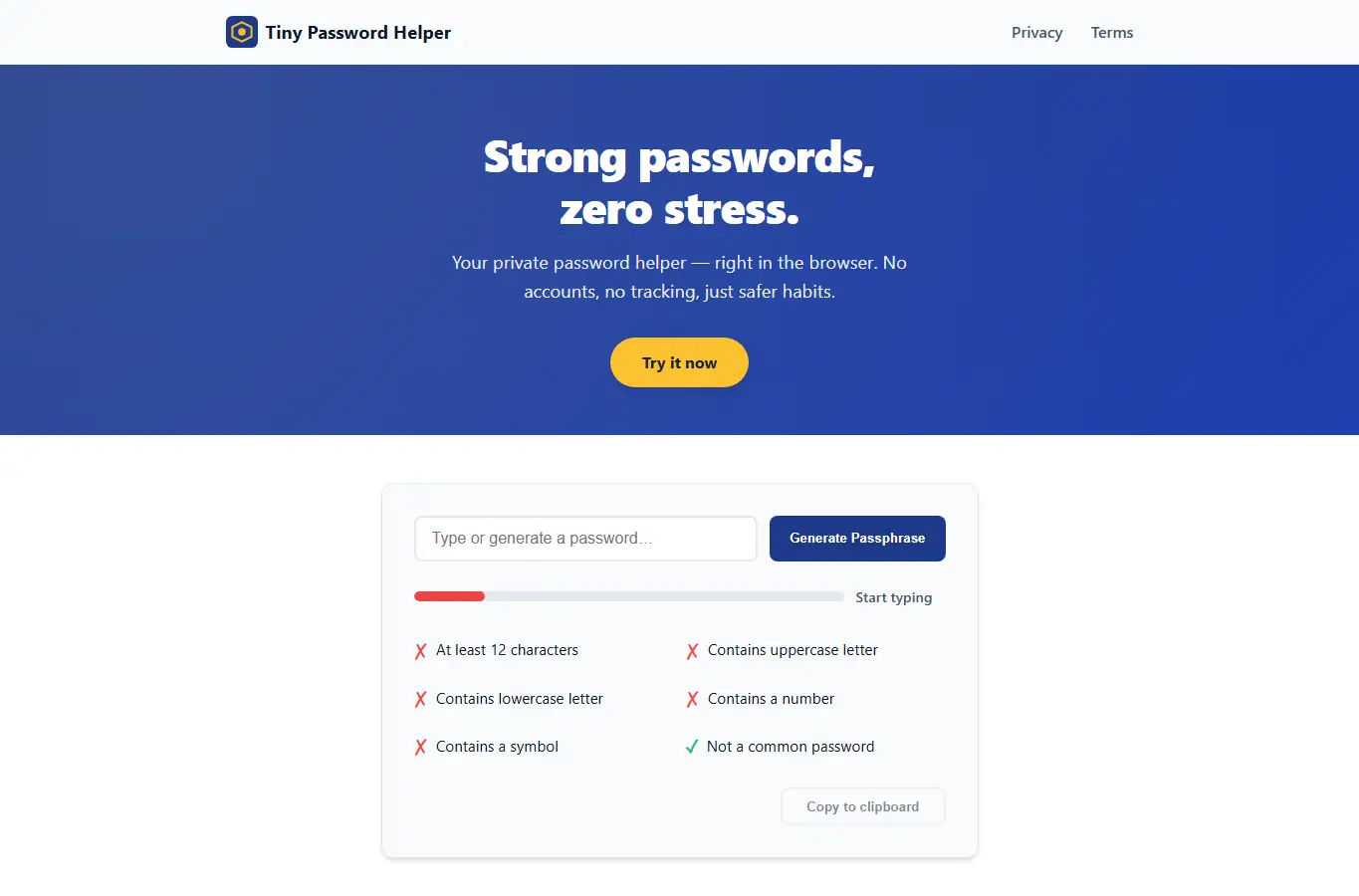 Screenshot of Tiny Password Helper interface showing the project page in use